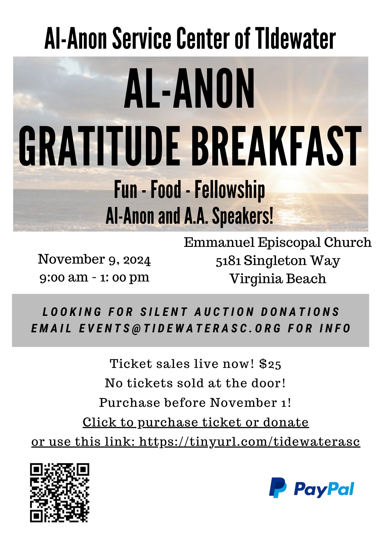 Al-Anon Gratitude Breakfast, November 9, 2024 at Emmanuel Episcopal Church at 9:00 am