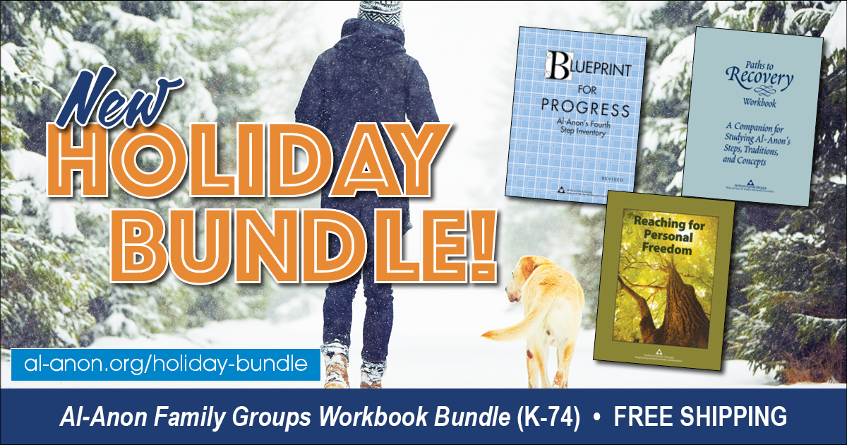 Image of a man wearing winter clothing, walking on a snowy path with his dog. Covers of the workbooks included in the holiday bundle are shown to the right. Image caption: “New Holiday Bundle! Al-Anon Family Groups Workbook Bundle (K-74) Free Shipping! al-anon.org/holiday-bundle