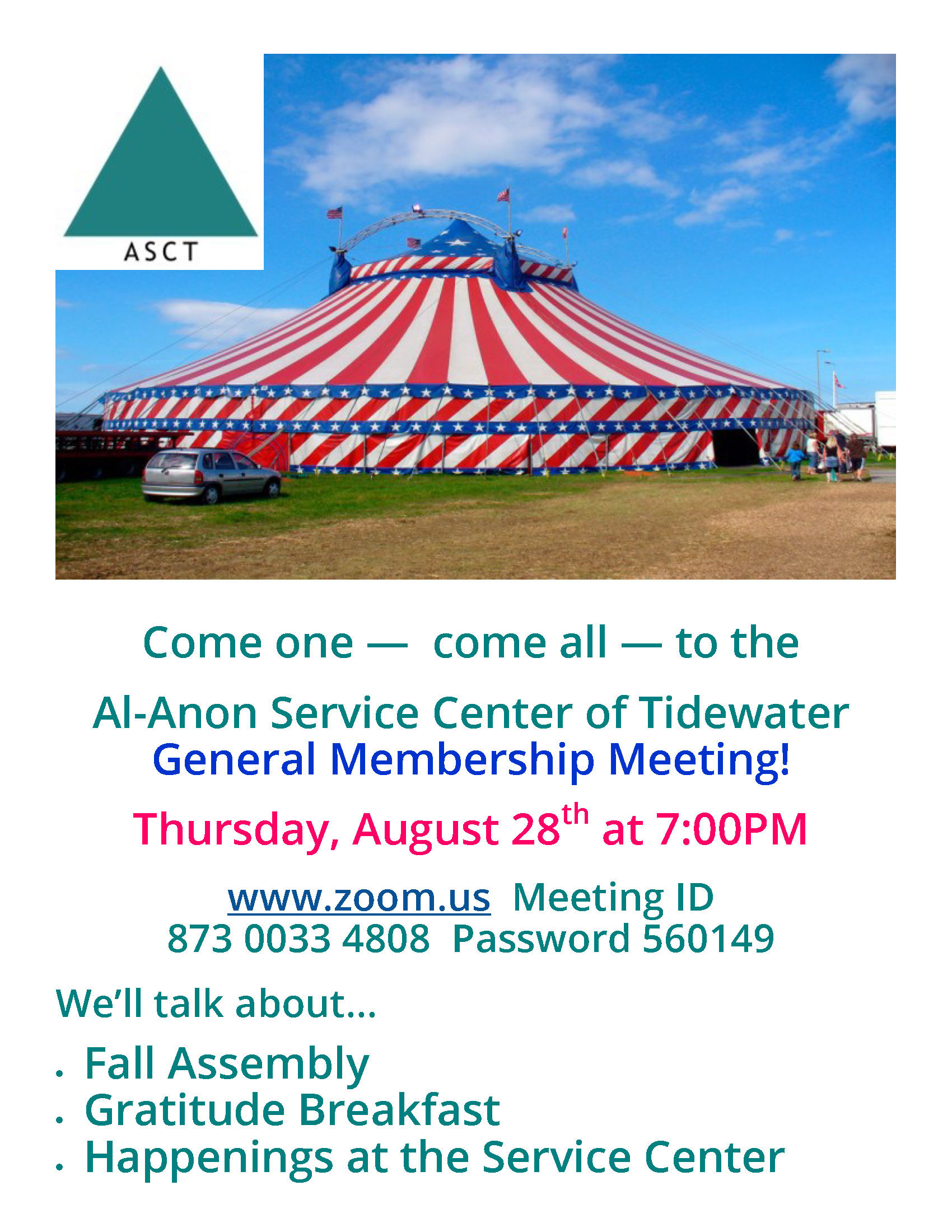 ASCT Fall Gen mtg 2025 Red and white striped circus tent with blue star border under cloudy sky
