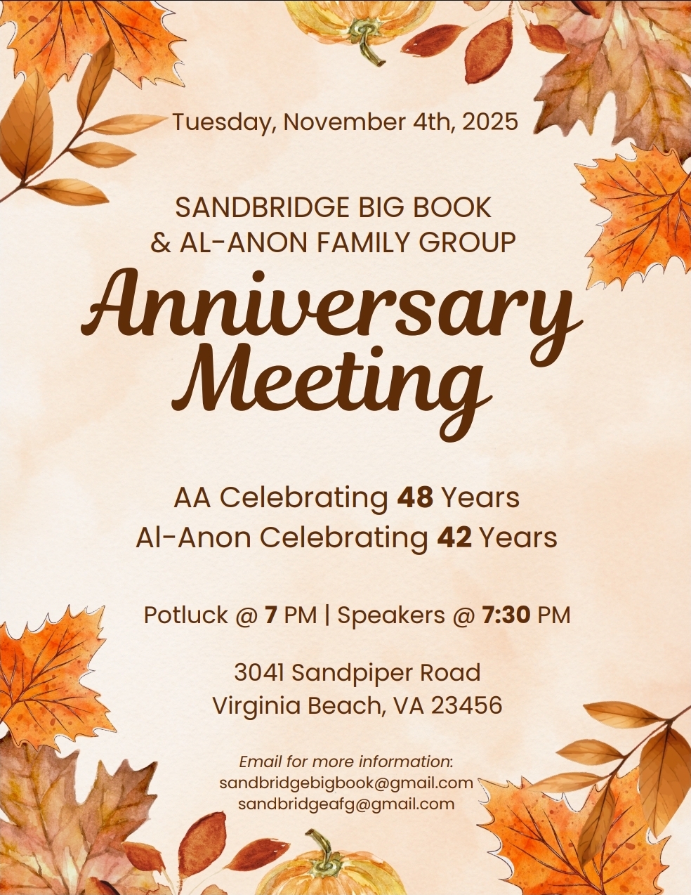 Anniversary Meeting flyer for Sandbridge AA and Al-Anon - November 4, 2025