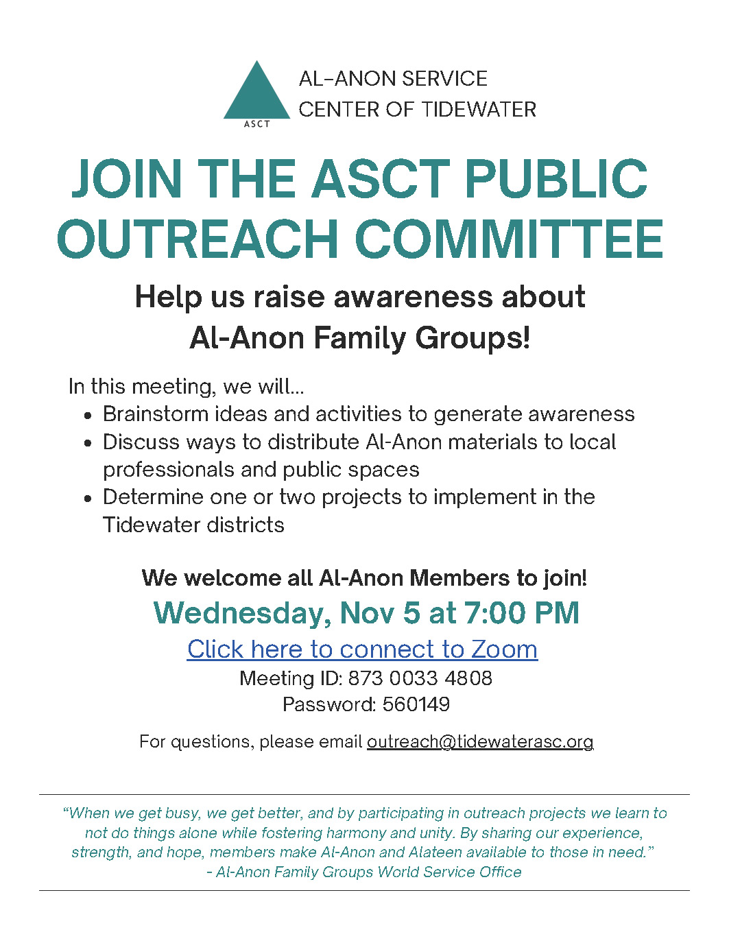 Al-Anon Service Center of Tidewater Public Outreach Committee meeting invitation - November 5, 2025 via Zoom