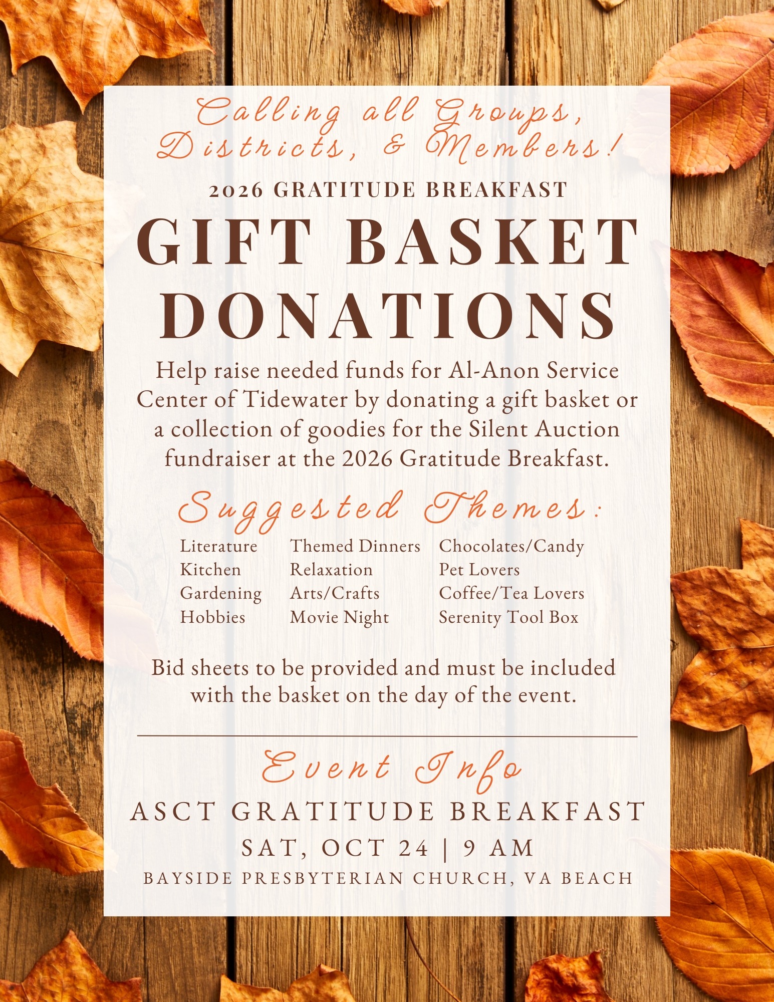 Flyer calling all groups, districts, and members to donate gift baskets for the Silent Auction at the 2026 ASCT Gratitude Breakfast, Saturday, October 24 at 9 AM at Bayside Presbyterian Church, Virginia Beach. Suggested themes include literature, kitchen, gardening, hobbies, themed dinners, relaxation, arts and crafts, movie night, chocolates, pet lovers, coffee and tea lovers, and serenity tool box. Bid sheets will be provided and must be included with the basket on the day of the event.
